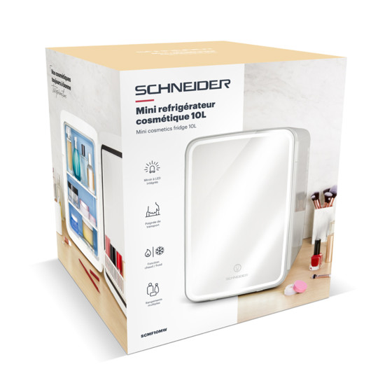 SCHNEIDER SCMF10MW Mini Nevera para maquillaje portátil 9 L, modo de iluminación espejo LED regulable, Función Frio/calor_caja