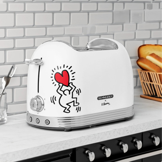 SCHNEIDER SCTO2KTECW Tostadora  2 Ranuras 815W Vintage  Colección Keith Haring, Blanco Mate Tech Art